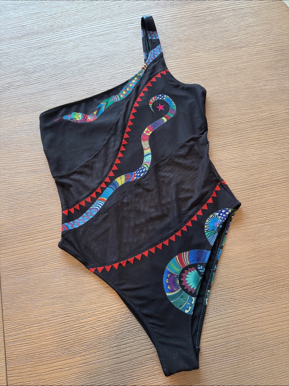 Pinup Couture Black One-Shoulder Swimsuit with Colorful Snake Motif